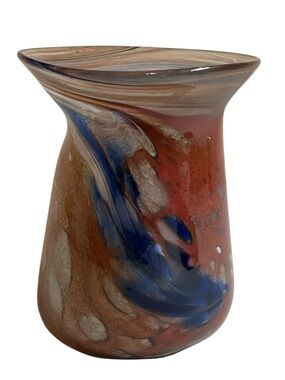 Vintage Mid Century Art Glass Vase - Hand Blown Blue & Amber Speckled Abstract